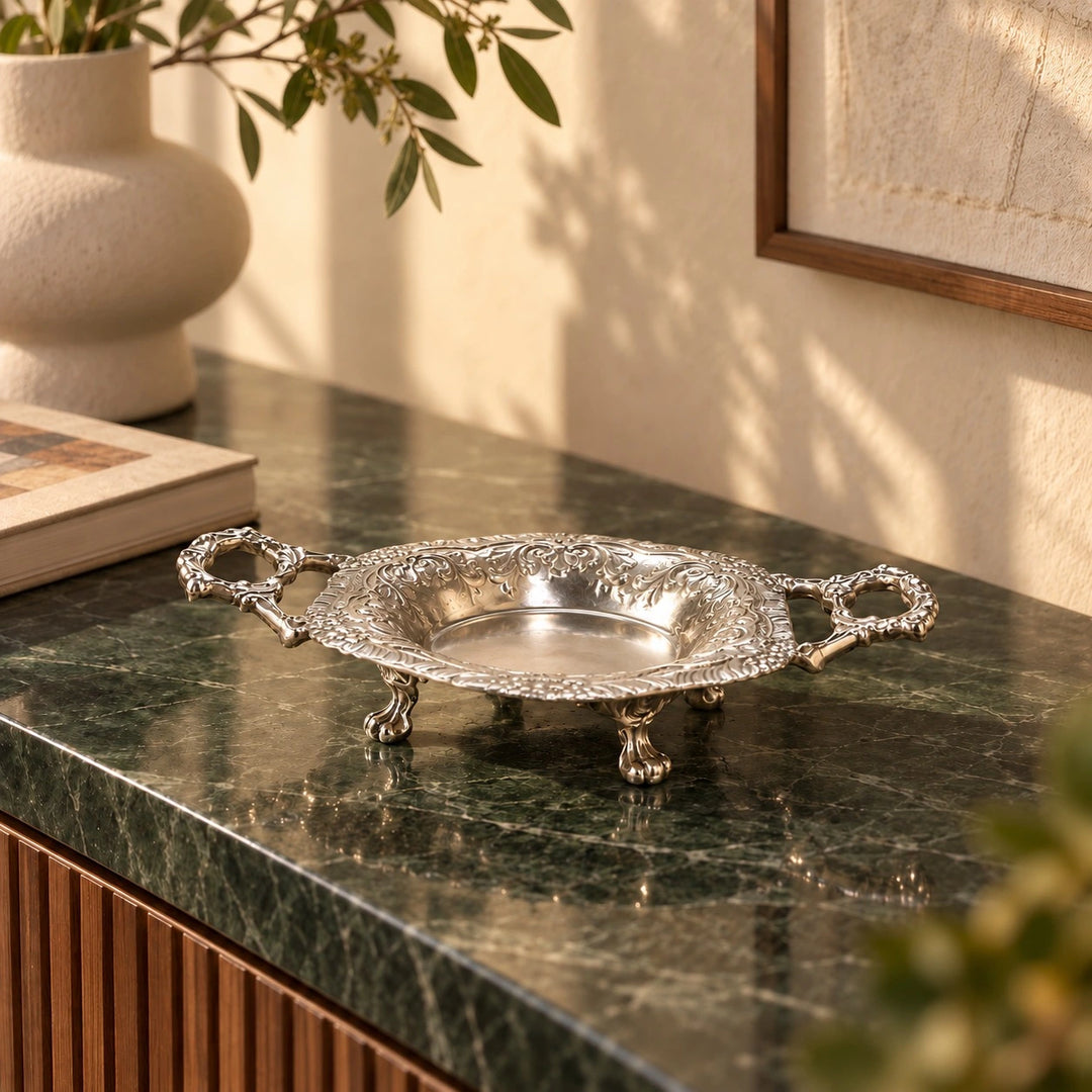Alankaar Brass Trinket Tray | Flourish Multi-Use Tray Limited Edition | Silver Finish 