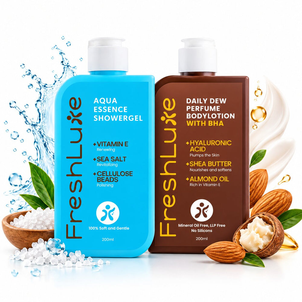 FreshLuxe Body Wash and Lotion Combo | Aqua Essence Exfoliating Shower Gel with Sea Salt + Daily Dew Perfume Body Lotion with BHA & Shea Butter | Skincare Kit for Women & Men | 200ml + 200ml