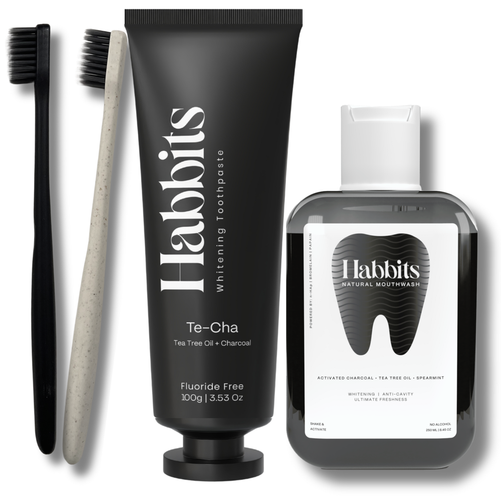 Habbits Oral Care Bundle | Charcoal Toothpaste (100g) + Charcoal Mouthwash (250ml) + 2 Biodegradable Toothbrushes | Natural Whitening | Vegan | SLS-Free | Tea Tree & Spearmint | Fights Plaque & Bad Breath