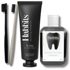 Habbits Oral Care Bundle | Charcoal Toothpaste (100g) + Charcoal Mouthwash (250ml) + 2 Biodegradable Toothbrushes | Natural Whitening | Vegan | SLS-Free | Tea Tree & Spearmint | Fights Plaque & Bad Breath
