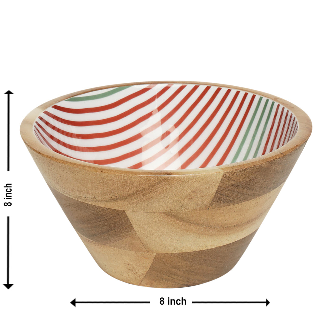 Ireka Homes Handcrafted Ripple Serving Bowls - Multipurpose Acacia Wood Bowls With Enamel - Durable Bowls for Serving Food, Snacks, and Desserts (8 inches)