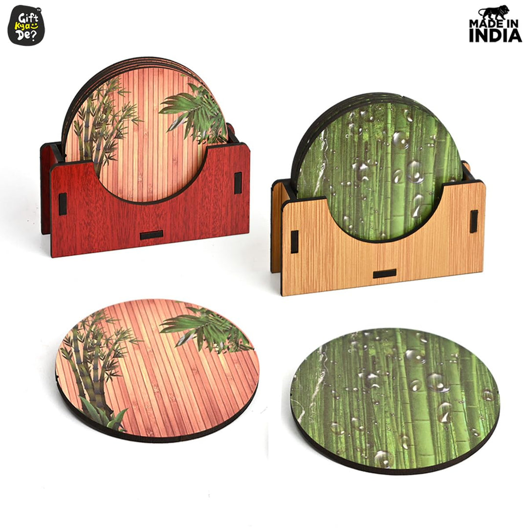 Gift Kya De Coaster Set of 6 Natural Wooden Bamboo Tree Style | Coasters with Beautiful Coaster Stand