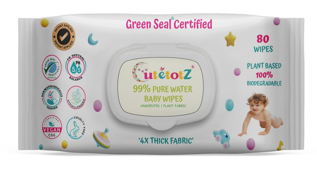 CutetotZ® Baby Wipes - Plant based, 100% Biodegradable, Green Seal® Certified, 99% Water Wipes