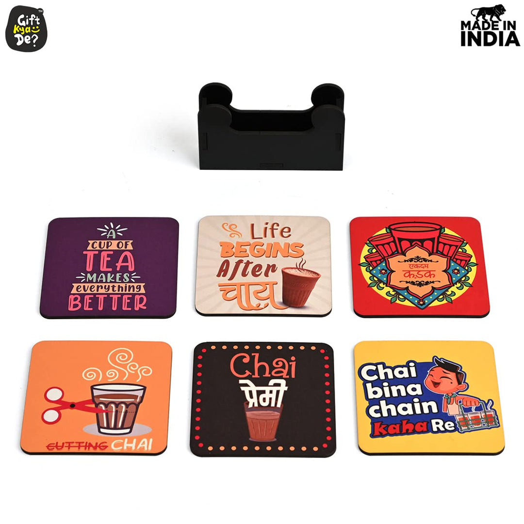 Gift Kya De Square Quotes Coaster Set of 6 With Coaster Stand | Quotes Coaster Set fit for Tea Cups and Coffee Mugs Also Coffee Lover Gifts