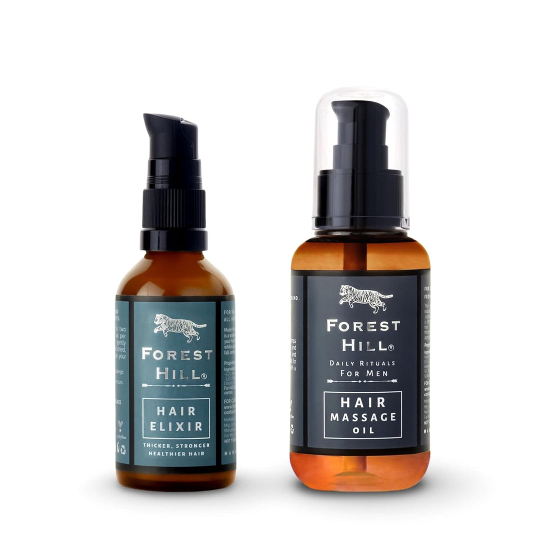 Forest Hill Pack of 2 Men Hair Care Kit, Weekly Care Natural Hair Massage Oil 110ml & Daily Care Hair Elixir Serum 50ml