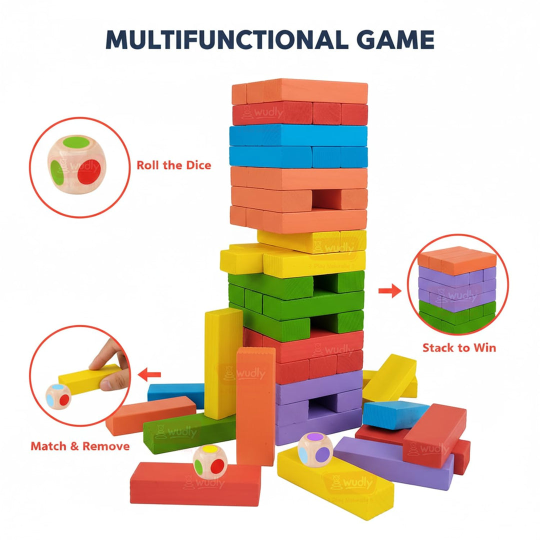 Wudly Toys Wooden Colour Stacking Tower | Colour Blocks with 2 Dice