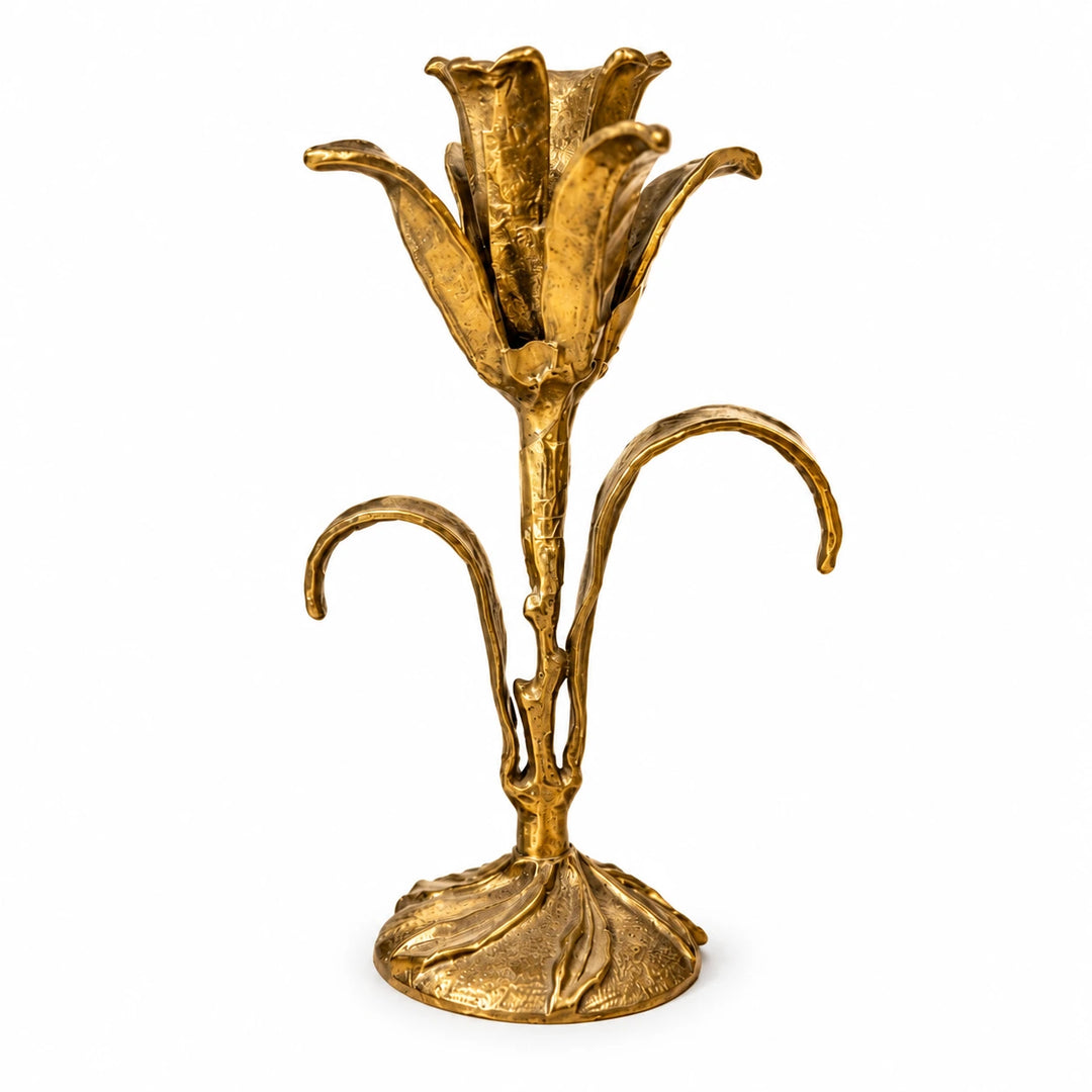 Kali Candle Stand | Budding Lily Brass Candle Holder | Gold Finish