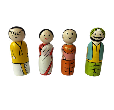 Wooden Peg Dolls North Indian Couples Non Toxic Colors (2 Years+) - Set of 4 Wooden Dolls | Pretend Play, Open Ended Toys