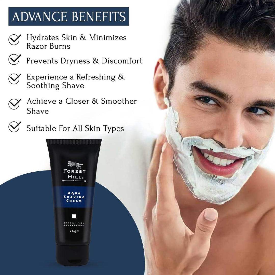 Forest Hill Set of 4 Men Gift Set Grooming Shaving Kit, Pre Shave Oil 50ml, Aqua Shaving Cream 75g, Eaglewood After Shave Balm 100ml & Black Ashford Synthetic Faux Badger Super Soft Hair Shaving Brush With Holder