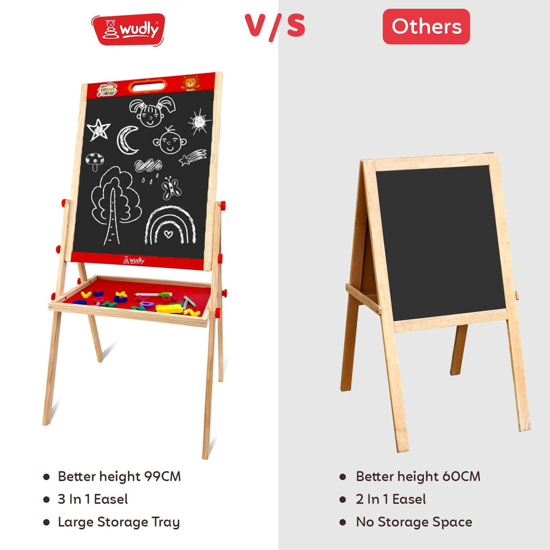 Wudly Kids Wooden Drawing Board, Double-Sided Chalkboard and Whiteboard, Educational Art Stand with Storage Tray