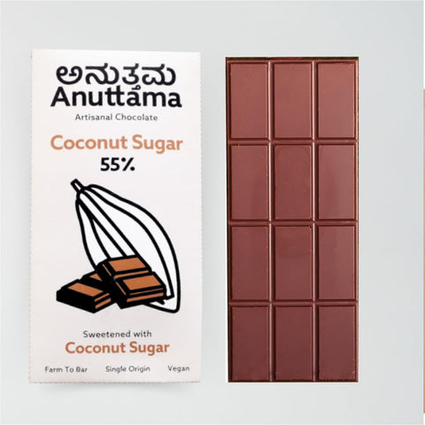 ANUTTAMA Coconut Sugar Dark Chocolate - 55% Cocoa -  Chocolate Bar - 50 gm