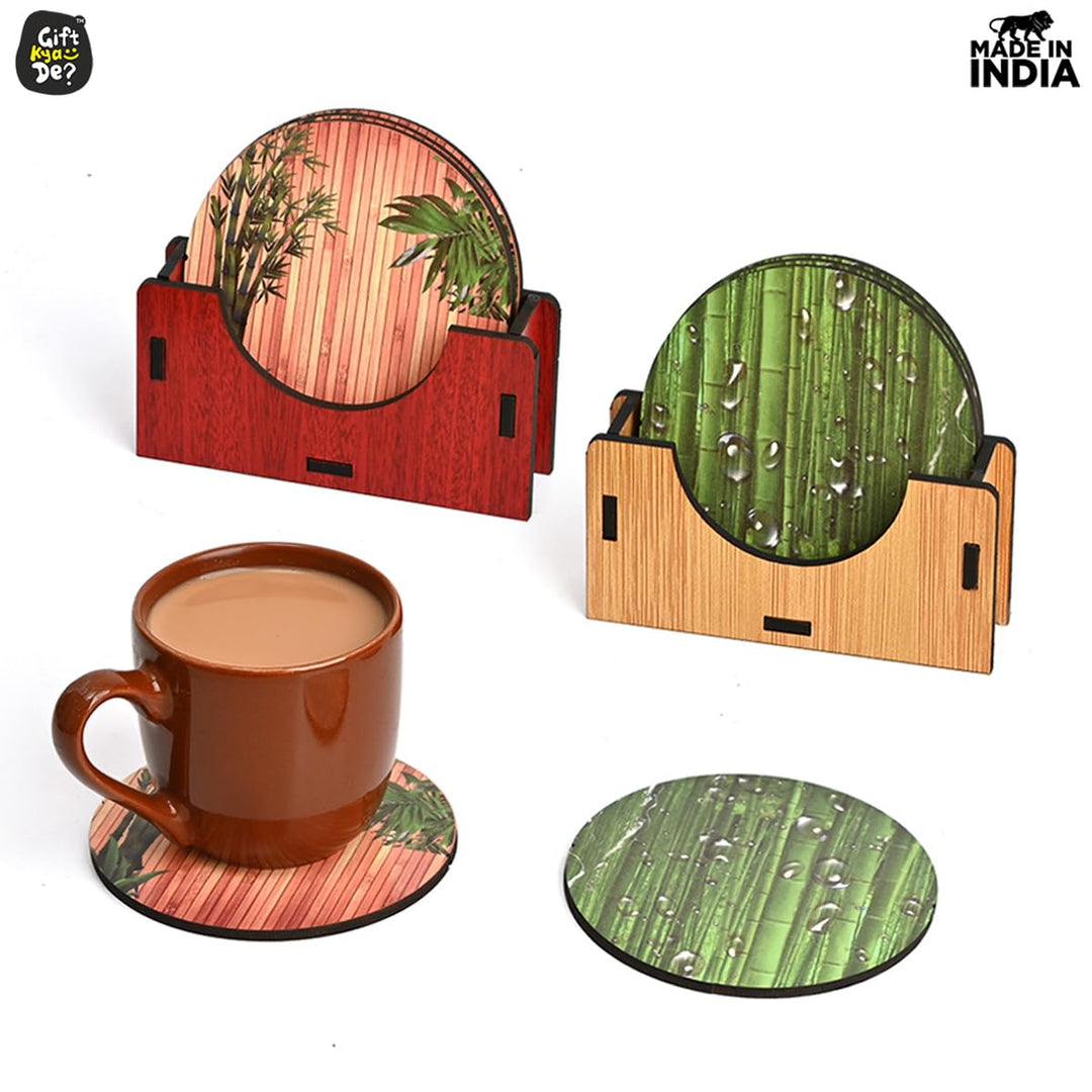 Gift Kya De Coaster Set of 6 Natural Wooden Bamboo Tree Style | Coasters with Beautiful Coaster Stand