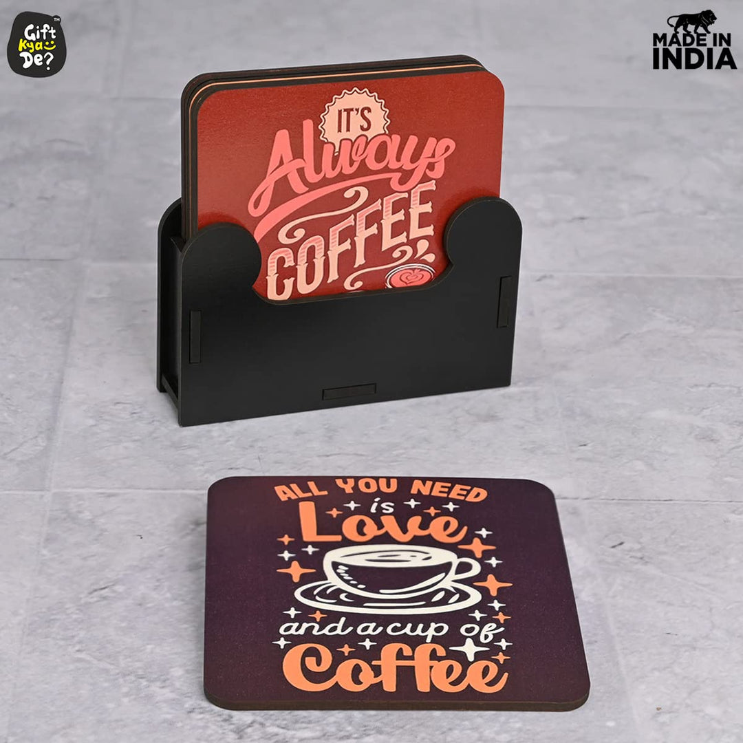 Gift Kya De Square Quotes Coaster Set of 6 With Coaster Stand | Quotes Coaster Set fit for Tea Cups and Coffee Mugs Also Coffee Lover Gifts