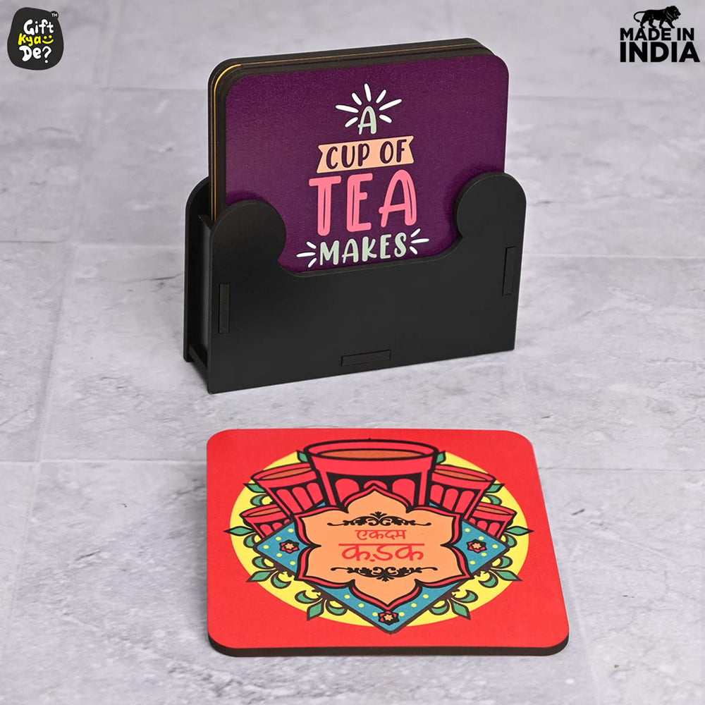 Gift Kya De Square Quotes Coaster Set of 6 With Coaster Stand | Quotes Coaster Set fit for Tea Cups and Coffee Mugs Also Coffee Lover Gifts