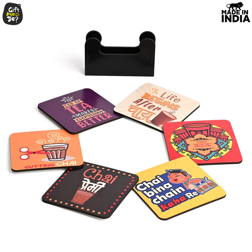 Gift Kya De Square Quotes Coaster Set of 6 With Coaster Stand | Quotes Coaster Set fit for Tea Cups and Coffee Mugs Also Coffee Lover Gifts