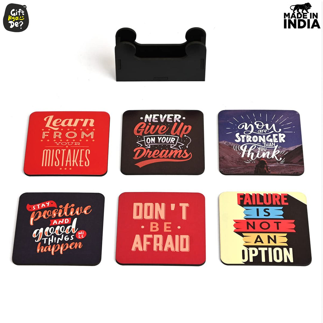 Gift Kya De Square Quotes Coaster Set of 6 With Coaster Stand | Quotes Coaster Set fit for Tea Cups and Coffee Mugs Also Coffee Lover Gifts