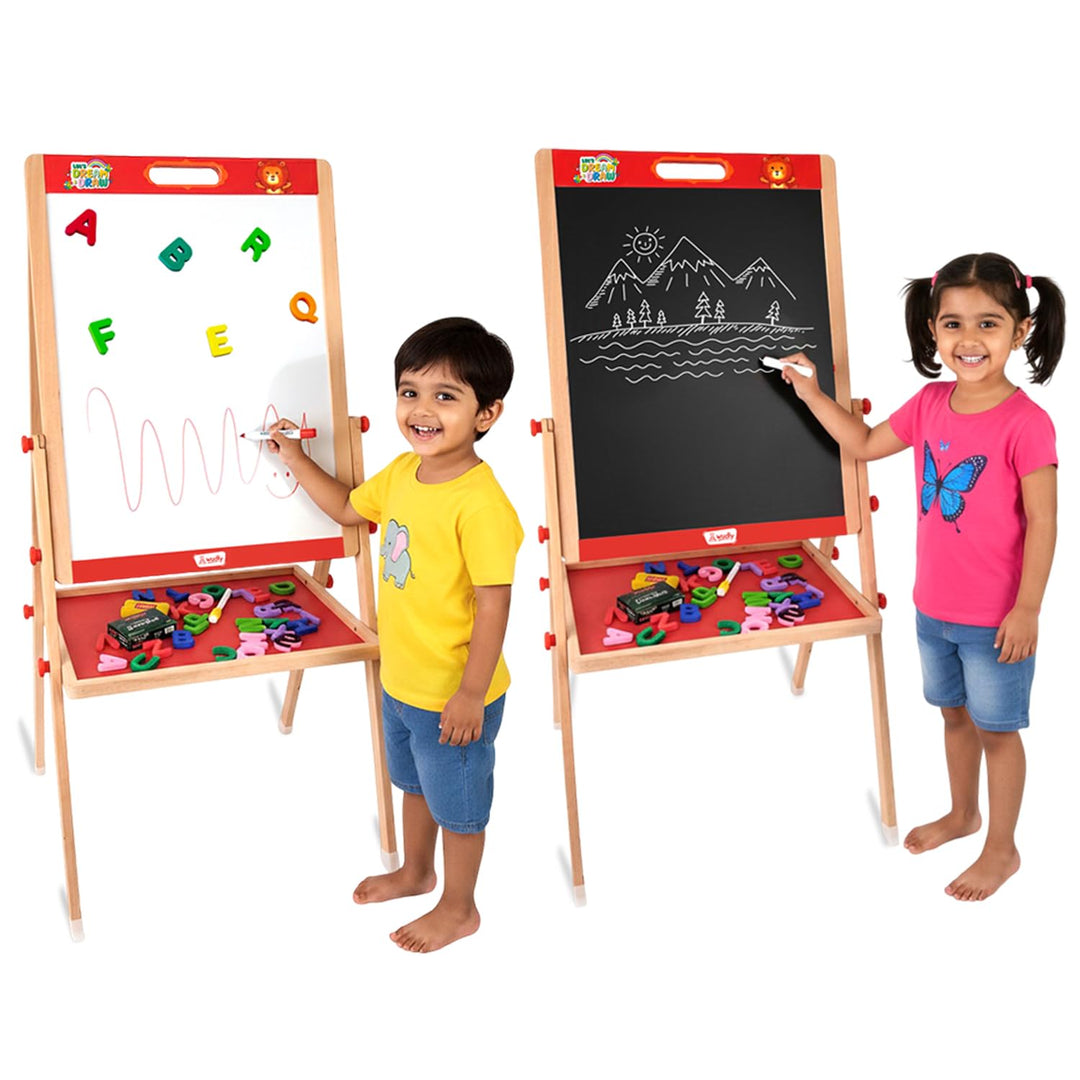Wudly Kids Wooden Drawing Board, Double-Sided Chalkboard and Whiteboard, Educational Art Stand with Storage Tray