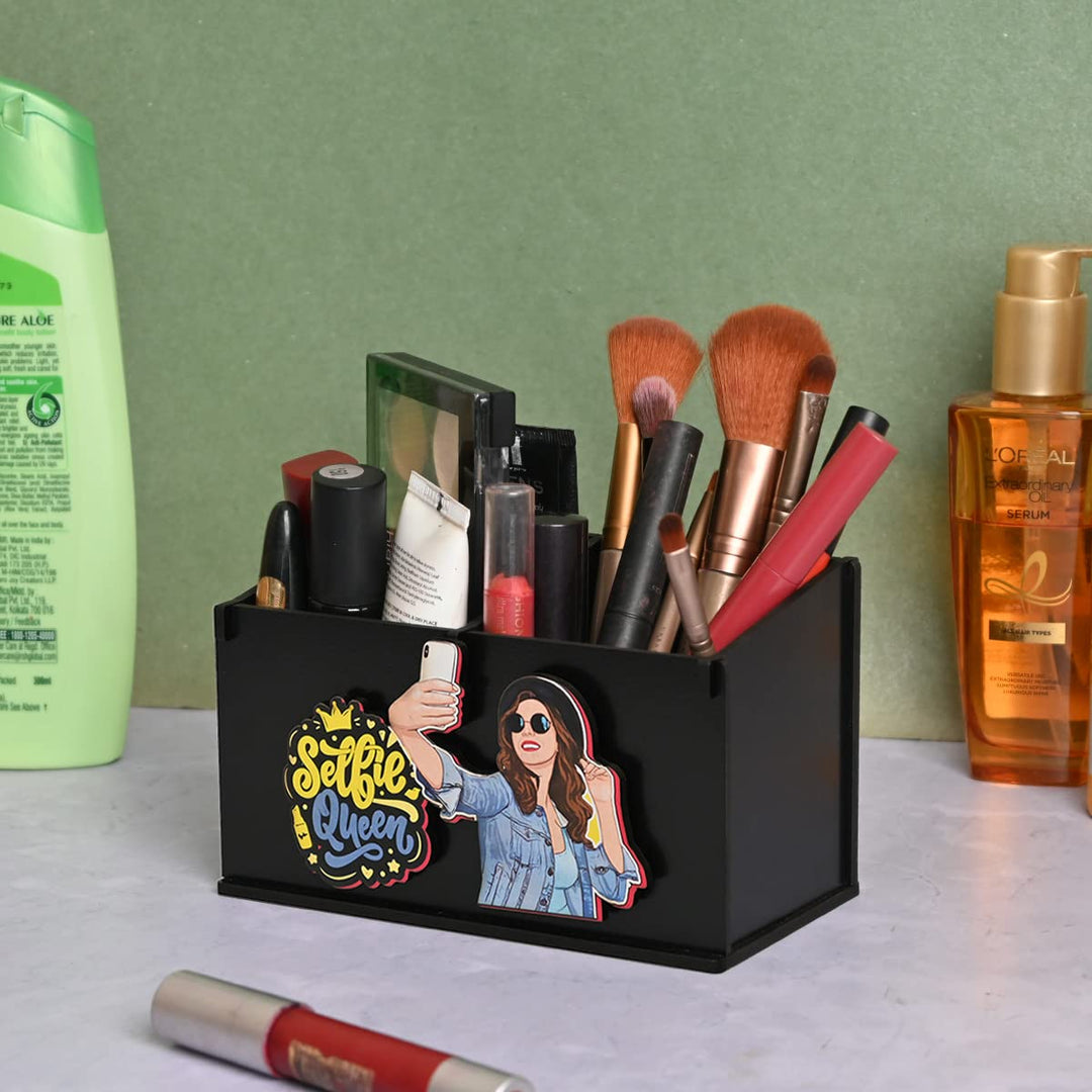 Gift Kya De 2 Compartment Funky Cosmetic Organizer | Desk Organizer For Girls | Makeup Box With Smileys And Emoji (Eco Friendly)