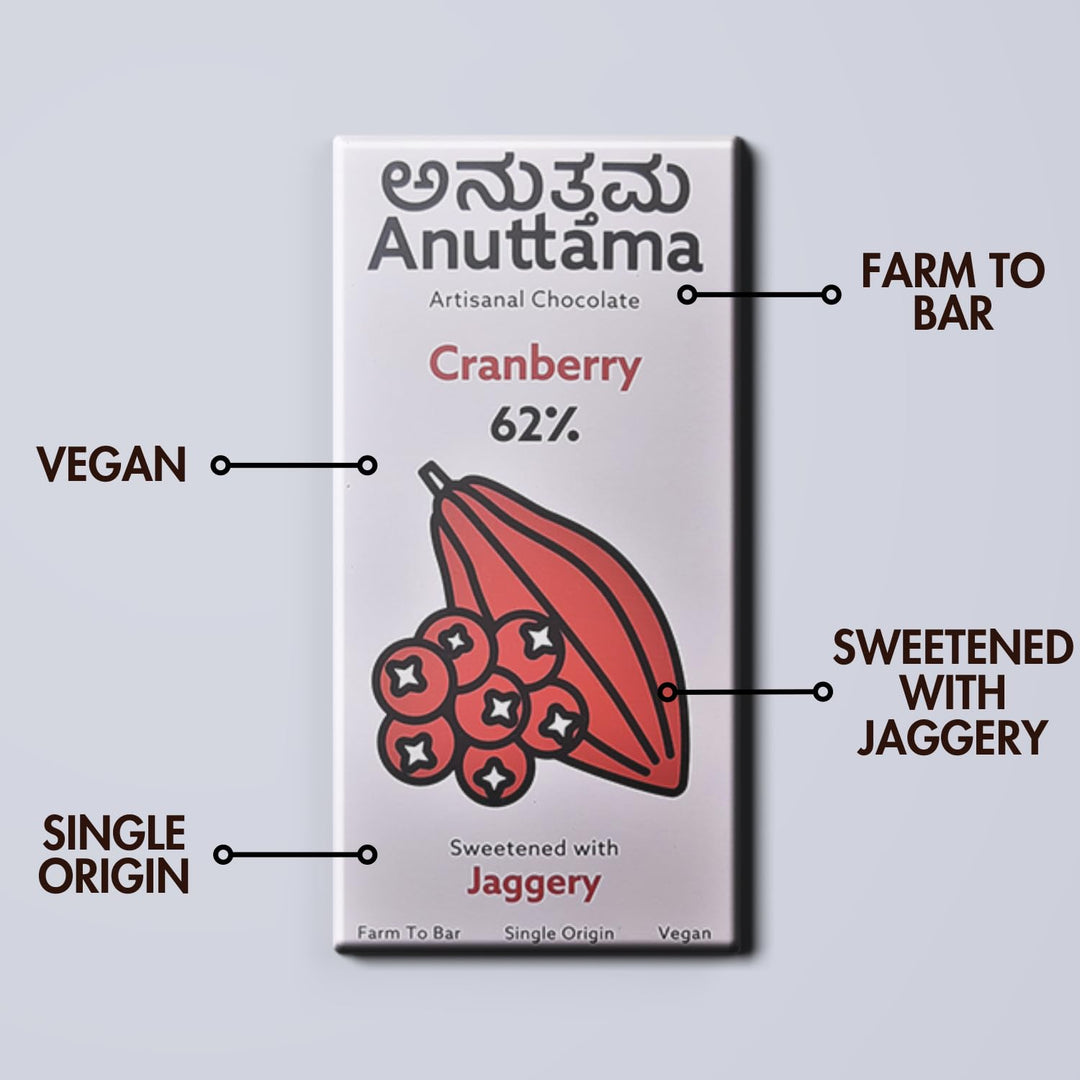 ANUTTAMA Cranberry Dark Chocolate - 62% Cocoa & Cranberry - Vegan Chocolate Bar 50 gm