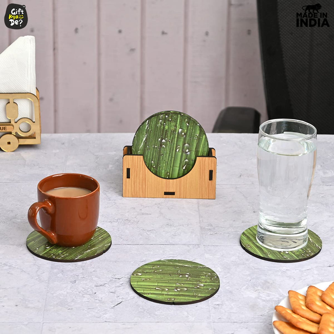 Gift Kya De Coaster Set of 6 Natural Wooden Bamboo Tree Style | Coasters with Beautiful Coaster Stand