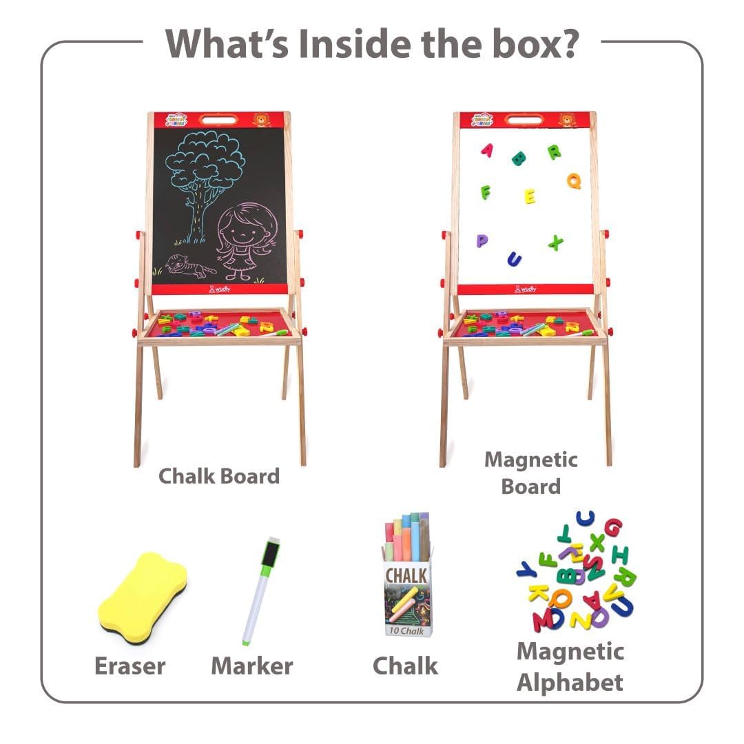 Wudly Kids Wooden Drawing Board, Double-Sided Chalkboard and Whiteboard, Educational Art Stand with Storage Tray