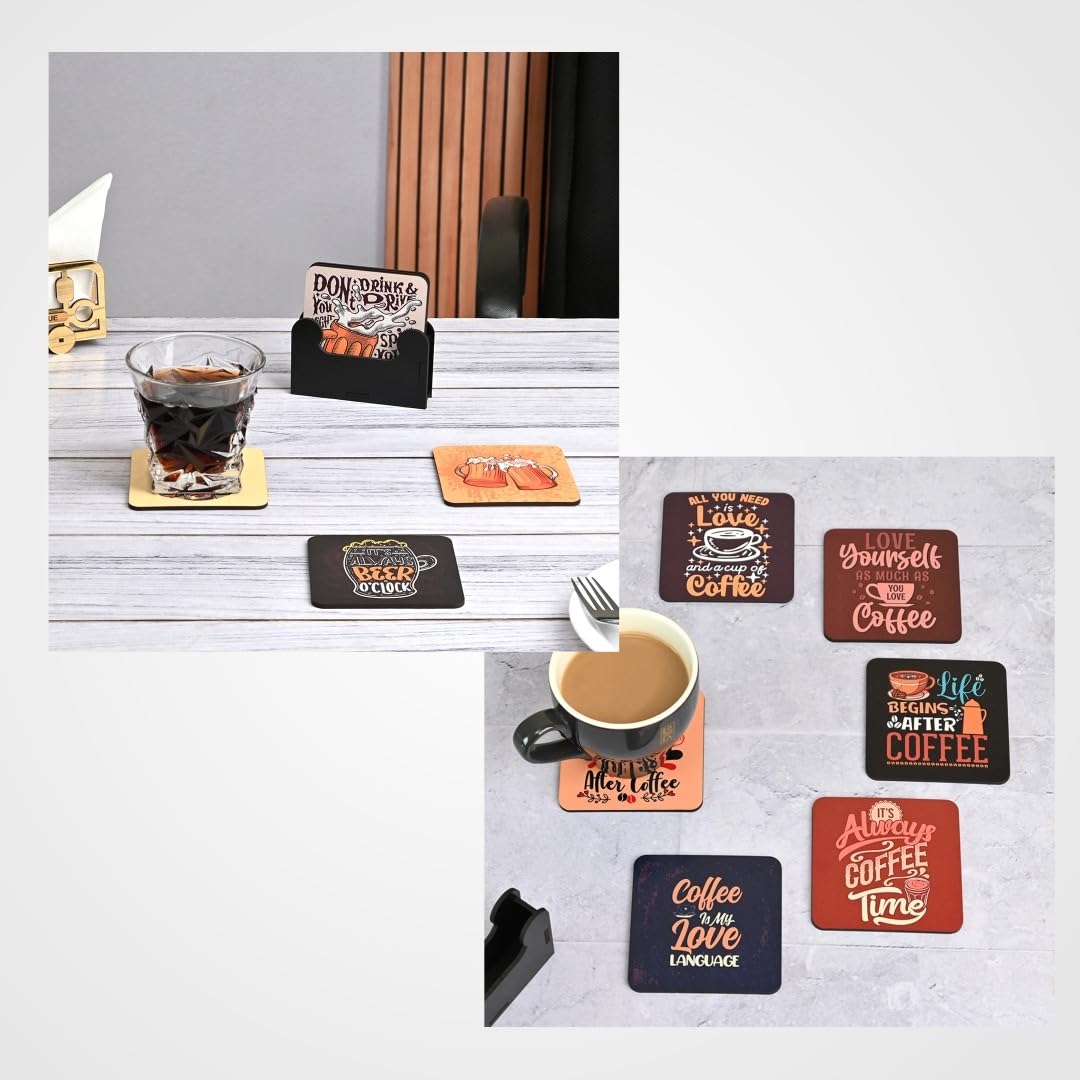Gift Kya De Coaster Set of 12 | Wooden Square Coasters with Proper Coaster Stand | Designer Coaster Set