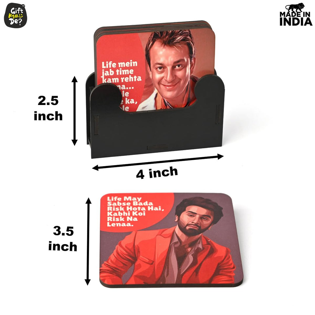 Gift Kya De Coaster Set of 12 | Wooden Square Coasters with Proper Coaster Stand | Designer Coaster Set