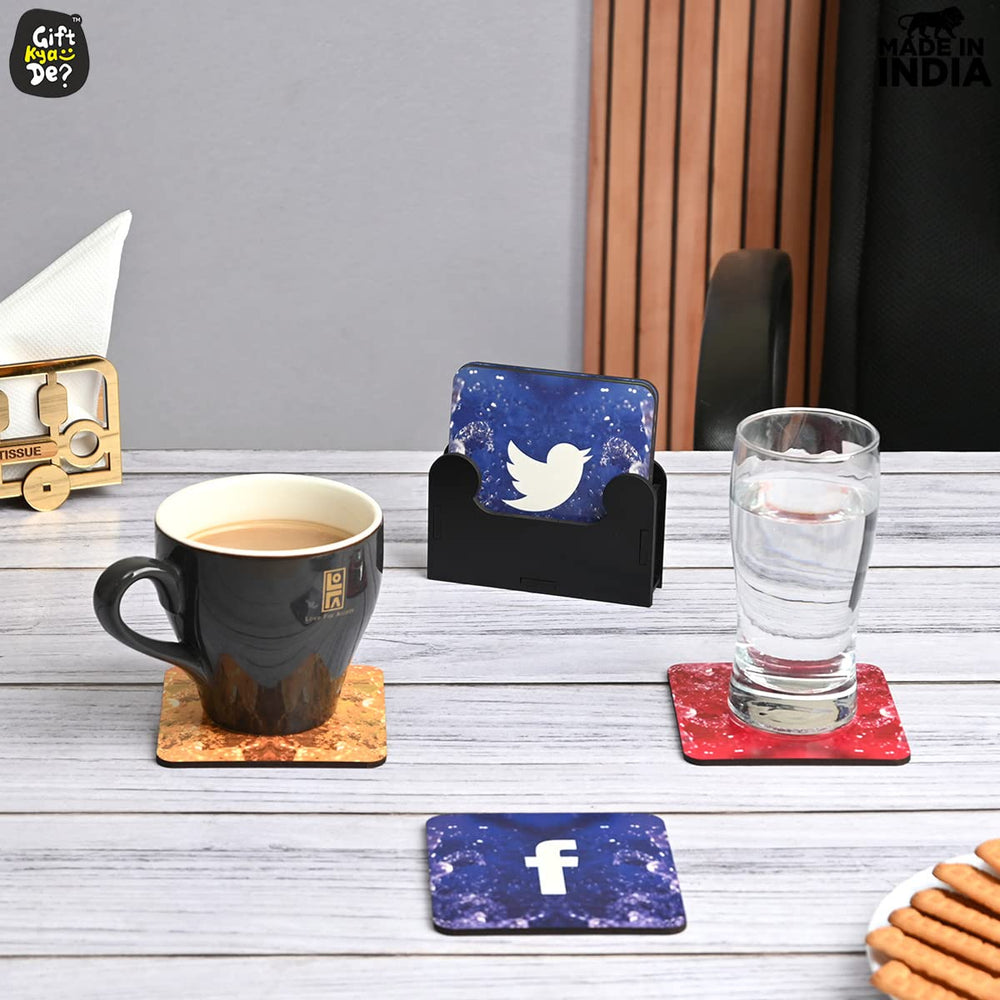 Gift Kya De Square Quotes Coaster Set of 6 With Coaster Stand | Quotes Coaster Set fit for Tea Cups and Coffee Mugs Also Coffee Lover Gifts