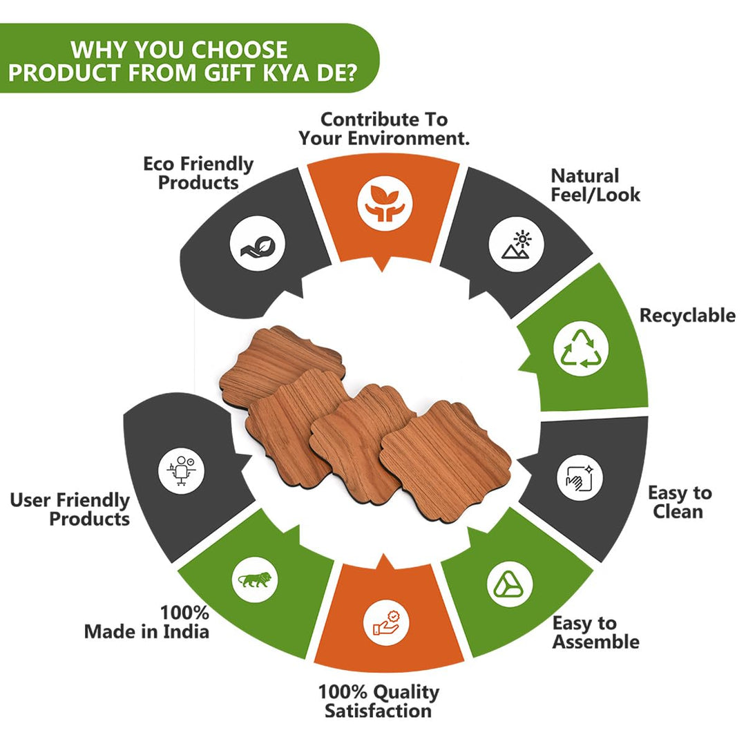 Gift Kya De Coaster Set Maharaja & Natural Design | Premium Wooden Table Coasters with Anti Slip Grip | 4 pc Wooden Coasters (10 x 10 cm)