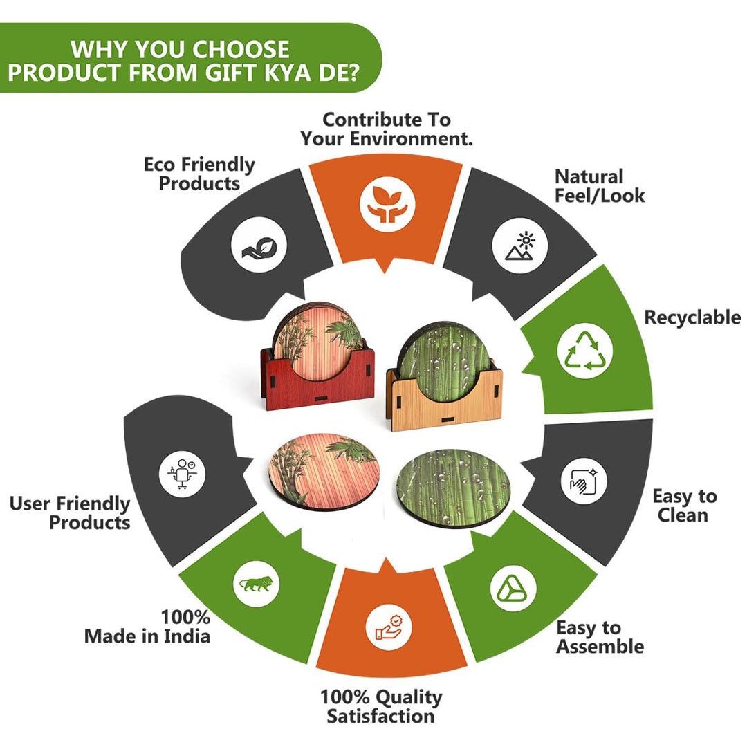 Gift Kya De Coaster Set of 6 Natural Wooden Bamboo Tree Style | Coasters with Beautiful Coaster Stand