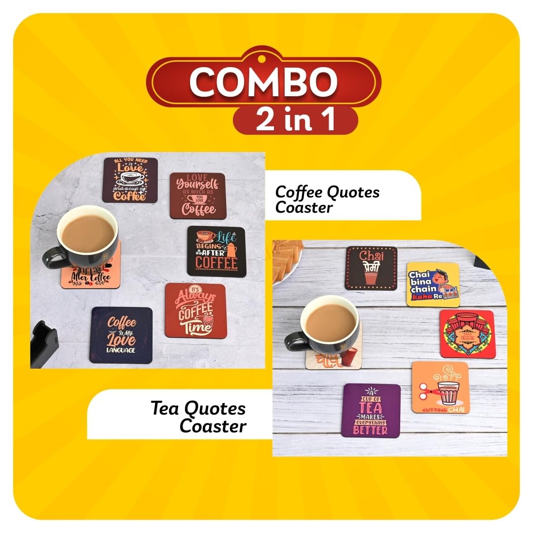 Gift Kya De Coaster Set of 12 | Wooden Square Coasters with Proper Coaster Stand | Designer Coaster Set