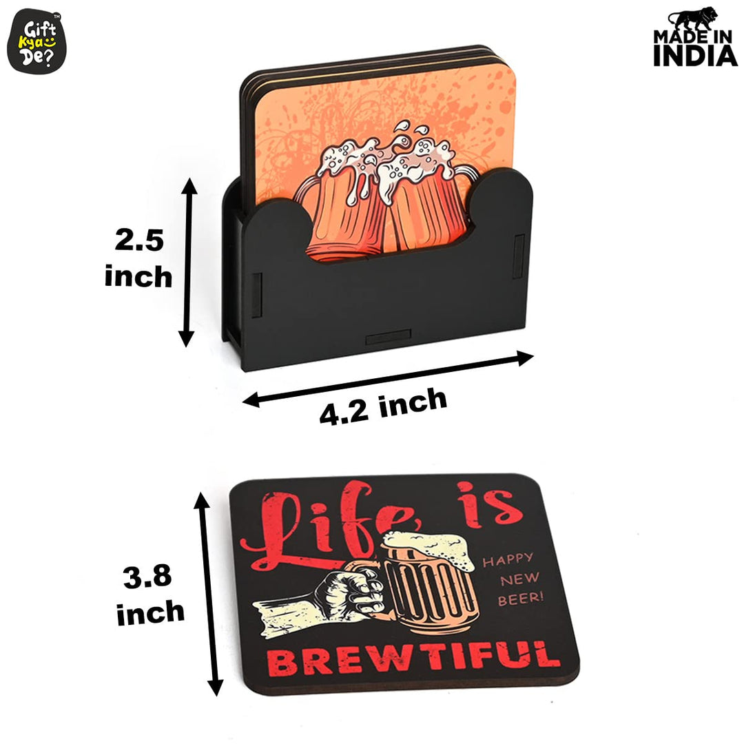 Gift Kya De Square Quotes Coaster Set of 6 With Coaster Stand | Quotes Coaster Set fit for Tea Cups and Coffee Mugs Also Coffee Lover Gifts