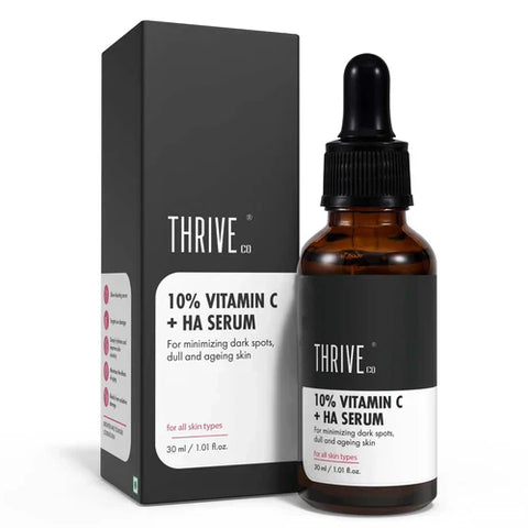 Thriveco 10% Vitamin C+ Hyaluronic Acid Serum | Hydrates & Brightens | Non Sticky Non Fragrance | Men & Women | 30ml
