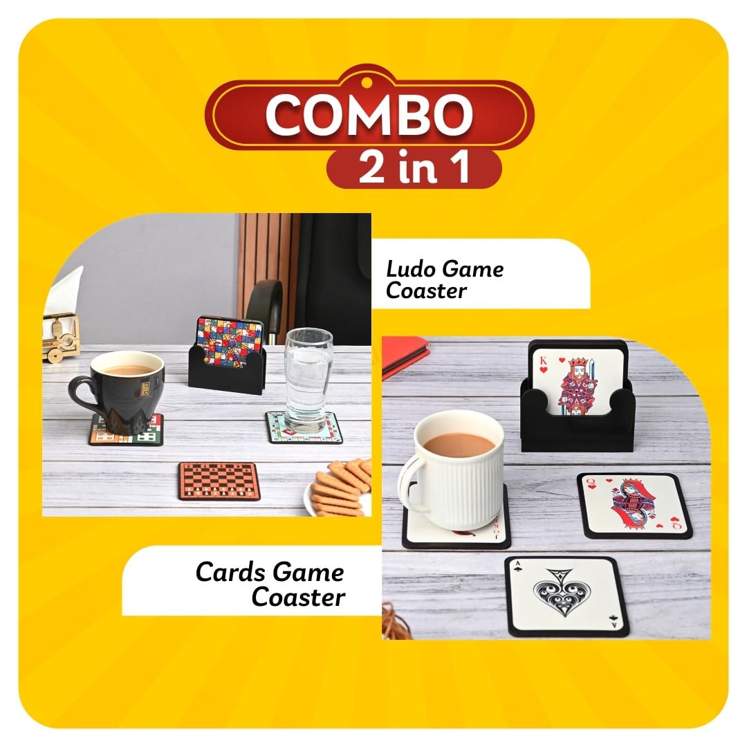 Gift Kya De Coaster Set of 12 | Wooden Square Coasters with Proper Coaster Stand | Designer Coaster Set