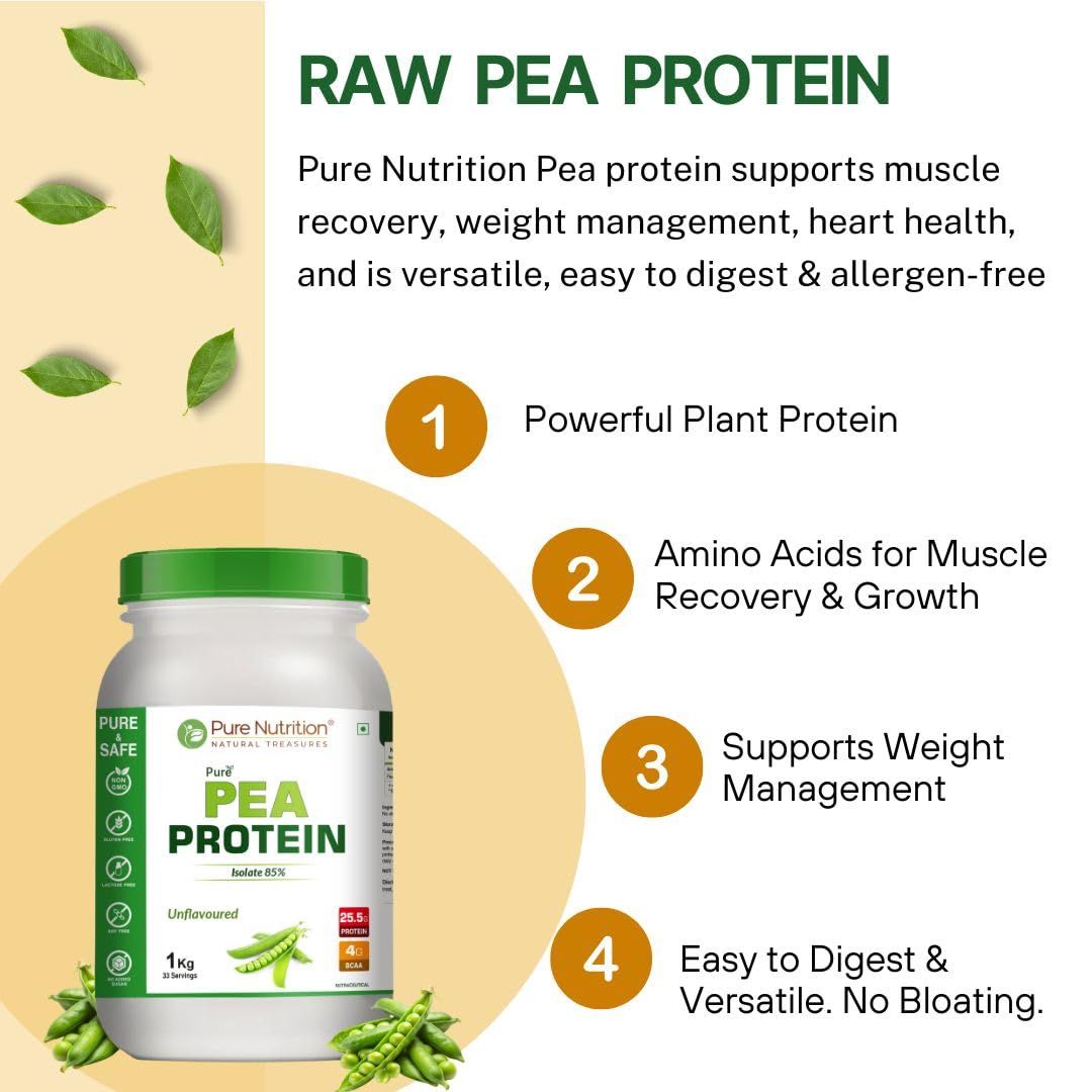 Pure Nutrition Pea Protein Isolate Powder 1Kg | 100% Pure Plant-Based Protein for Men & Women | 25.5g Protein & 4g BCAA | Ideal for Muscle Growth, Recovery & Vegan Diet
