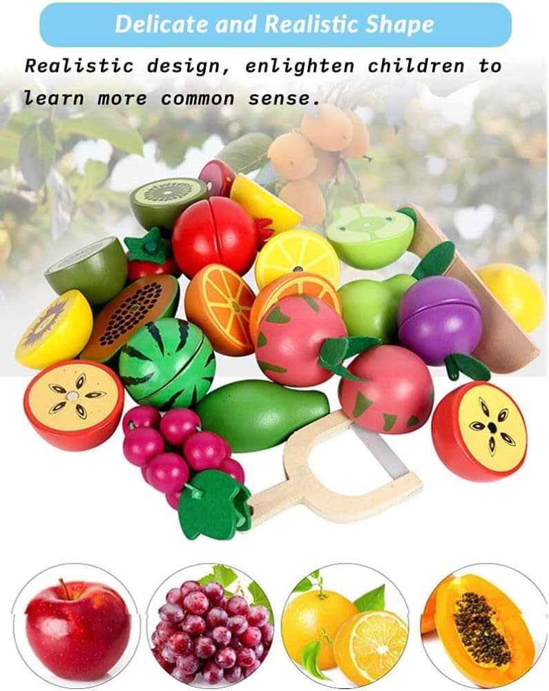 Wudly Magnetic Wooden Cutting Fruit Food Play Toy Set with Basket for Kids