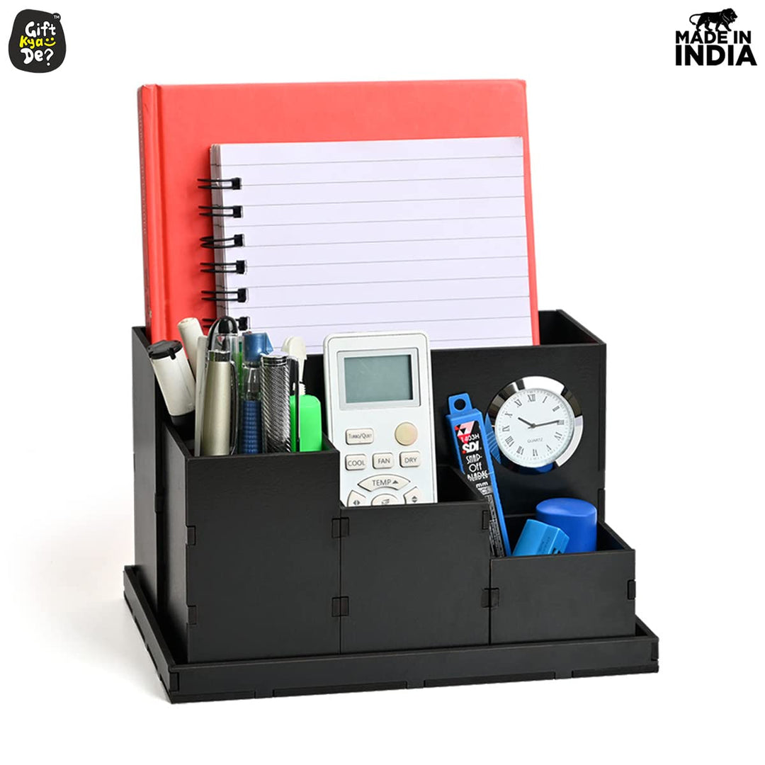 Gift Kya De Wooden Multipurpose Desk Organizer | Table Clock | 4 Compartment Organizer