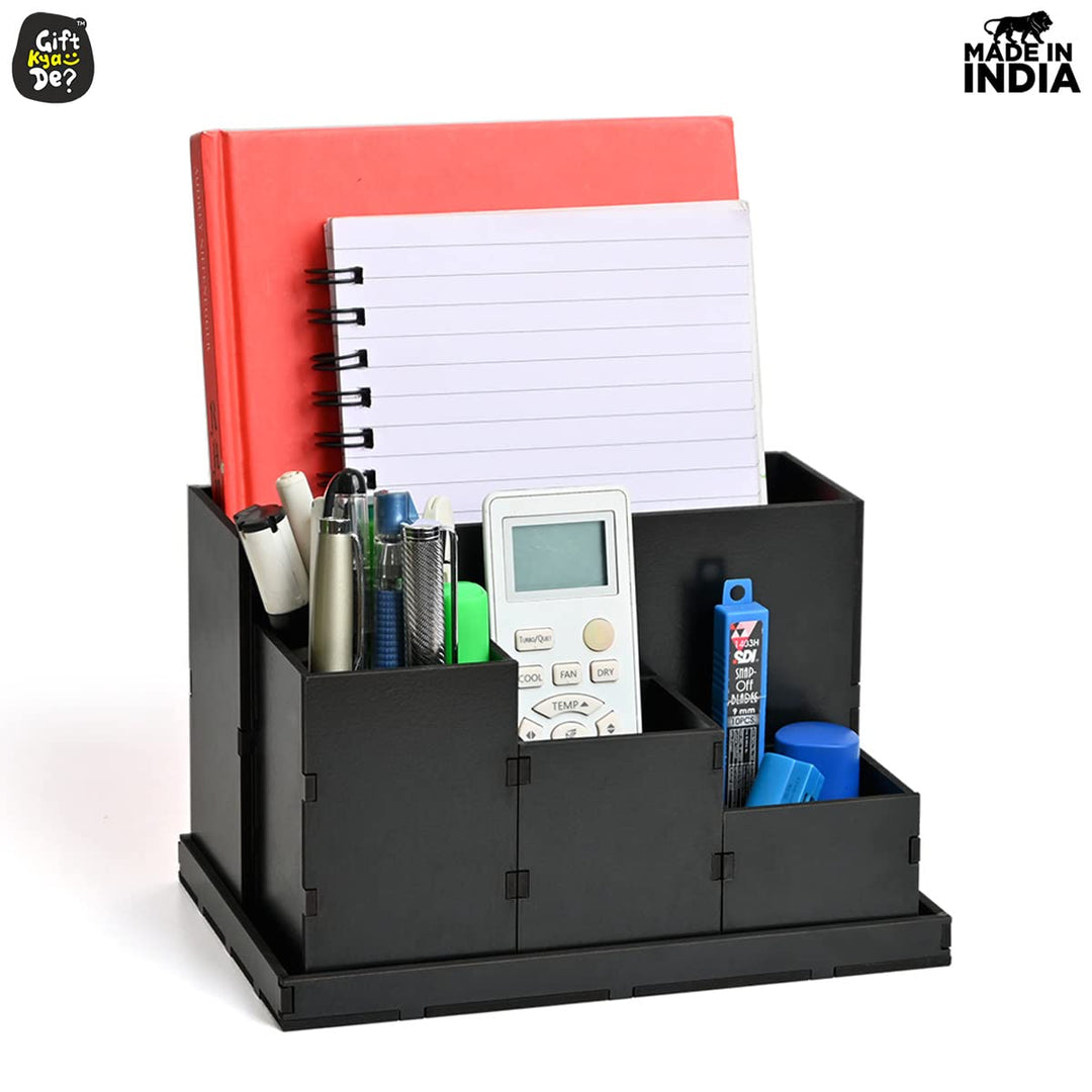 Gift Kya De Wooden Multipurpose Desk Organizer | Table Clock | 4 Compartment Organizer