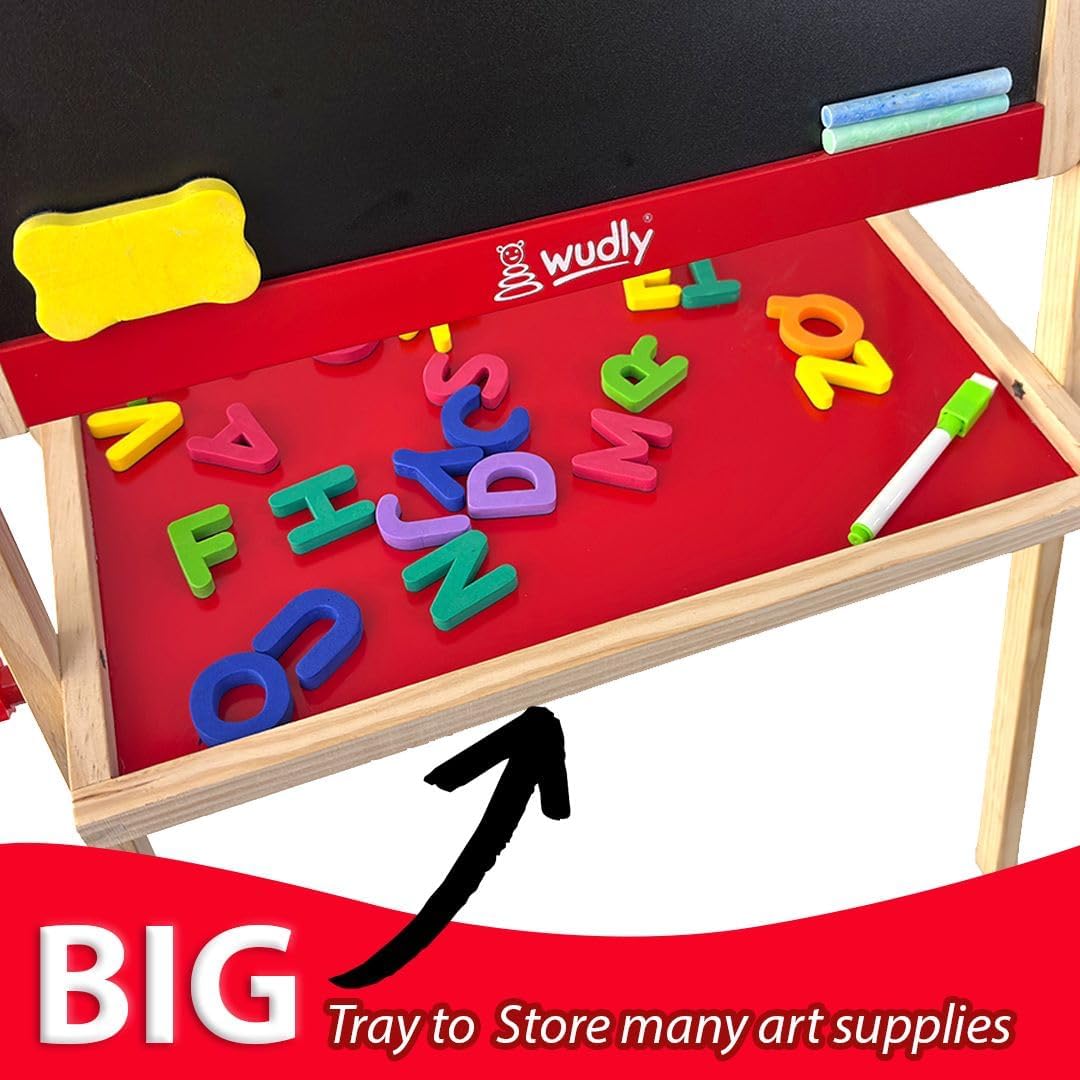 Wudly Kids Wooden Drawing Board, Double-Sided Chalkboard and Whiteboard, Educational Art Stand with Storage Tray