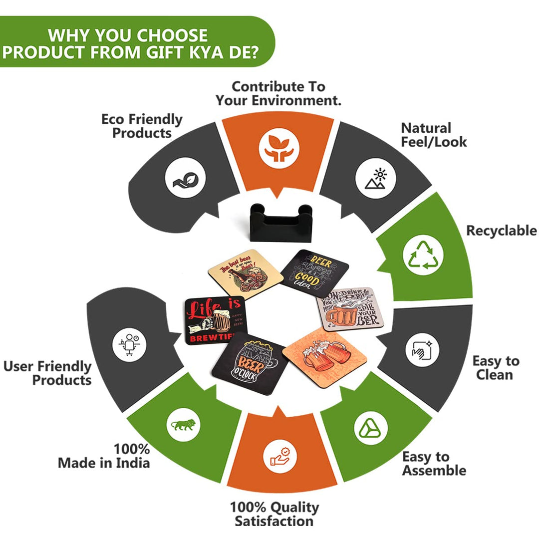 Gift Kya De Square Quotes Coaster Set of 6 With Coaster Stand | Quotes Coaster Set fit for Tea Cups and Coffee Mugs Also Coffee Lover Gifts