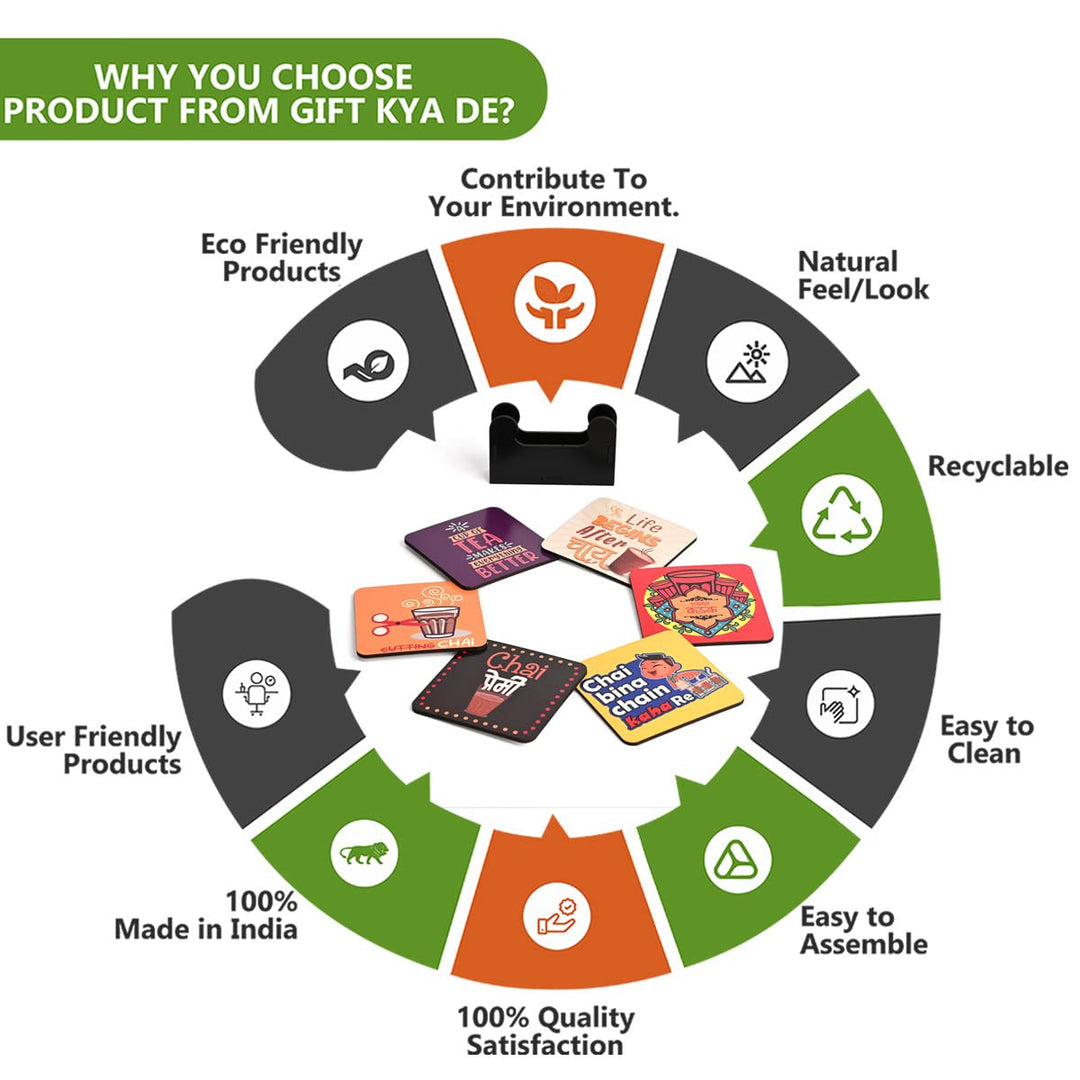 Gift Kya De Square Quotes Coaster Set of 6 With Coaster Stand | Quotes Coaster Set fit for Tea Cups and Coffee Mugs Also Coffee Lover Gifts