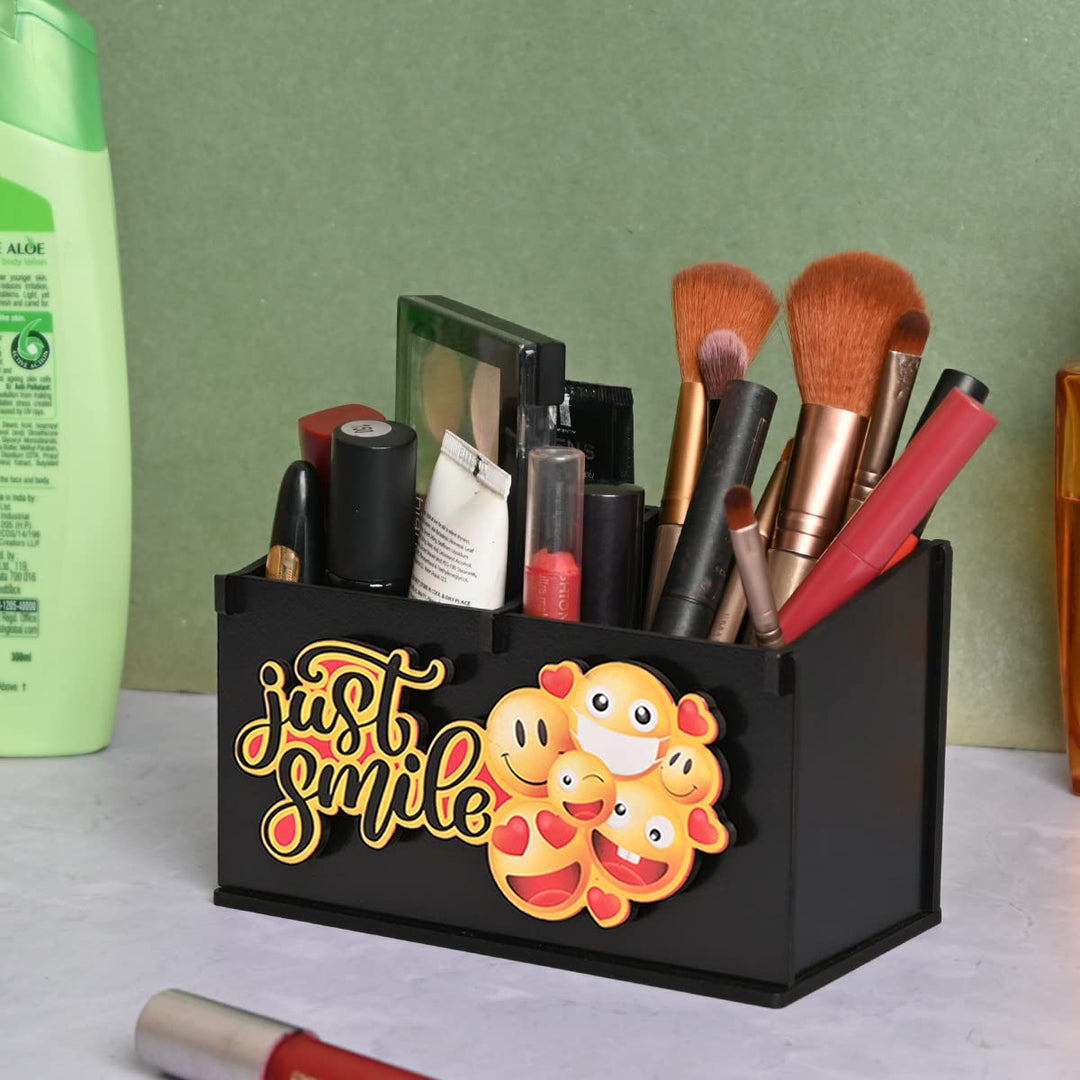 Gift Kya De 2 Compartment Funky Cosmetic Organizer | Desk Organizer For Girls | Makeup Box With Smileys And Emoji (Eco Friendly)