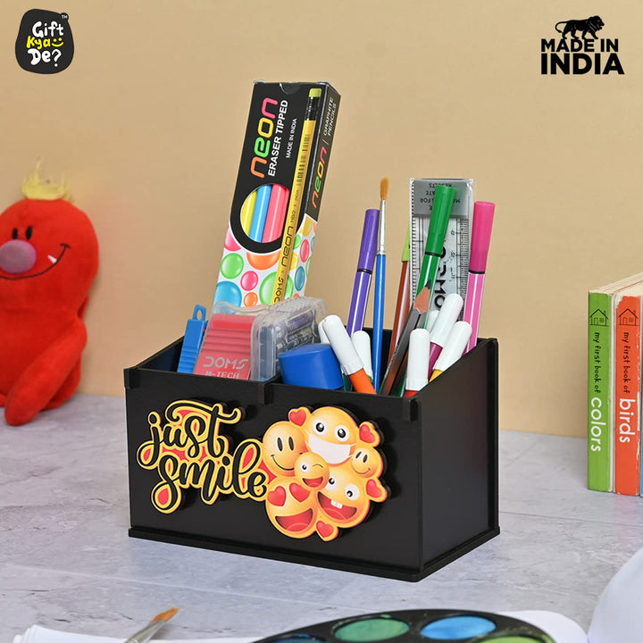 Gift Kya De 2 Compartment Funky Cosmetic Organizer | Desk Organizer For Girls | Makeup Box With Smileys And Emoji (Eco Friendly)