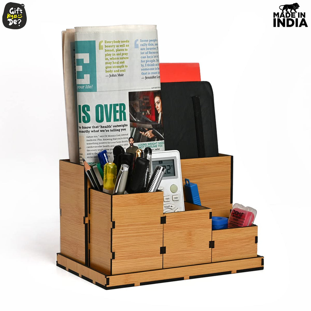 Gift Kya De Wooden Multipurpose Desk Organizer | Table Clock | 4 Compartment Organizer