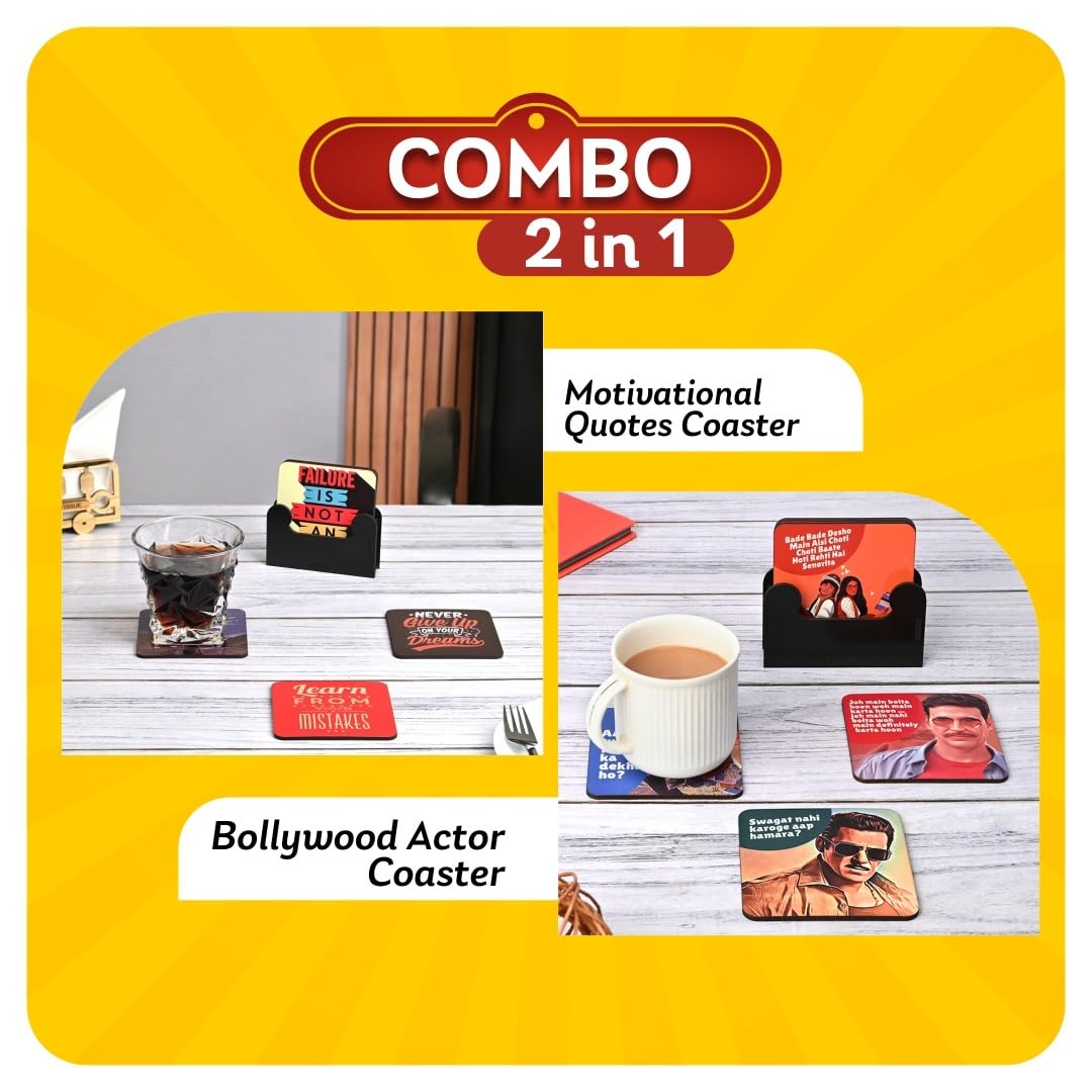 Gift Kya De Coaster Set of 12 | Wooden Square Coasters with Proper Coaster Stand | Designer Coaster Set