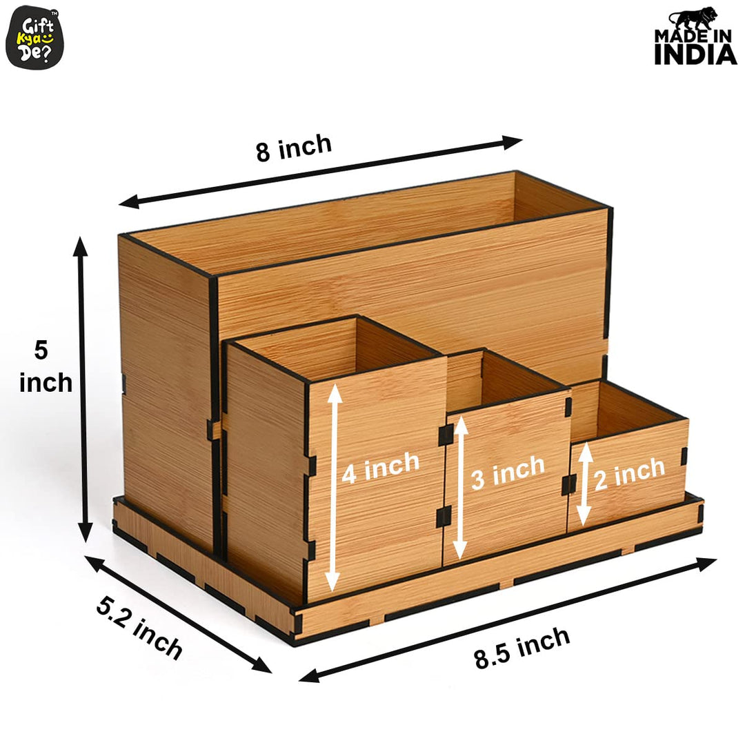 Gift Kya De Wooden Multipurpose Desk Organizer | Table Clock | 4 Compartment Organizer