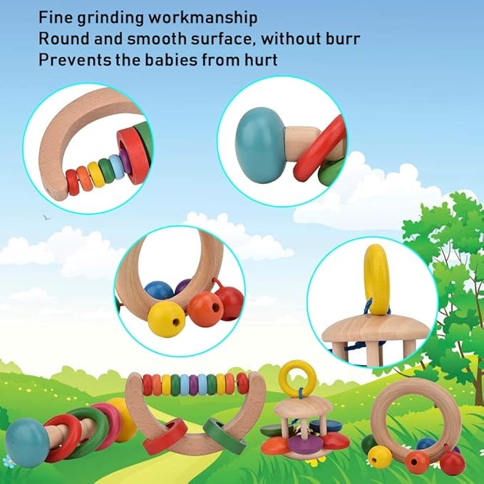 Wudly - Wooden Baby Rattles Teeth Wooden Music Instrument Shaker Set Toy for 12+ Months kids, (Pack of 4)(Multi Colors) Eco Friendly & Safe Non Toxic Colors