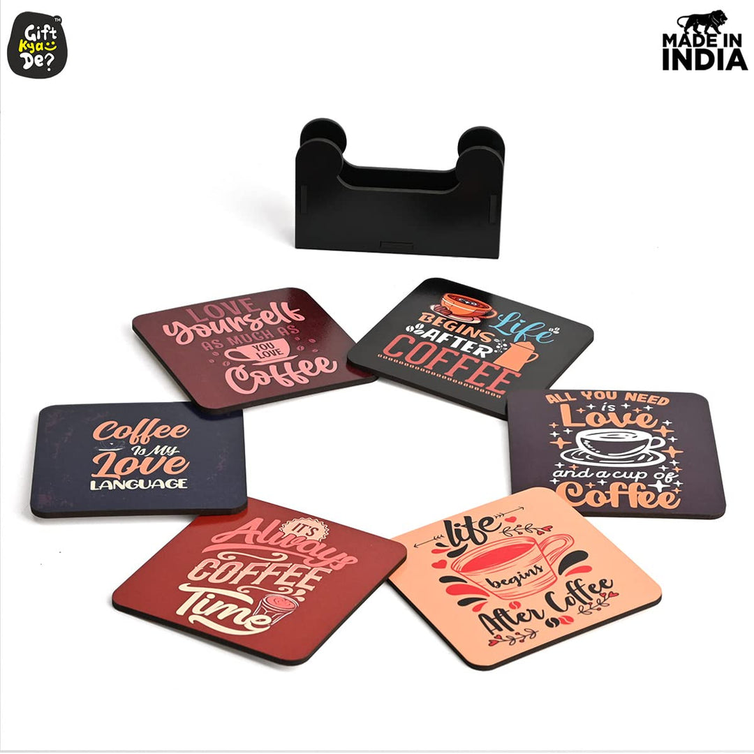 Gift Kya De Square Quotes Coaster Set of 6 With Coaster Stand | Quotes Coaster Set fit for Tea Cups and Coffee Mugs Also Coffee Lover Gifts