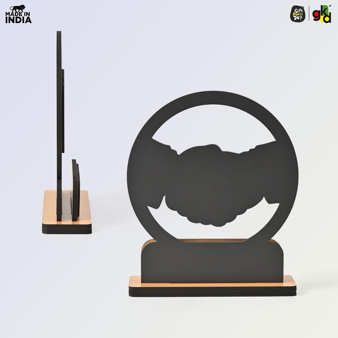 Wooden Handshake Memento Trophy | DIY Customizable Partnership Award for Corporate Gifts, Dealer Meets & Business Achievements | Add Your Own Sticker or Text