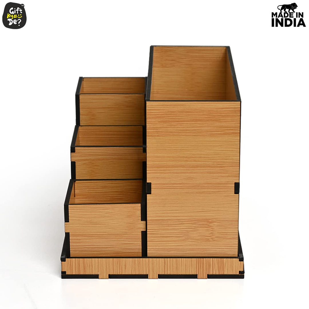 Gift Kya De Wooden Multipurpose Desk Organizer | Table Clock | 4 Compartment Organizer